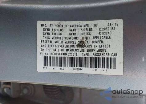2017 Honda Accord Ex-L from USA, damaged, VIN 1HGCR2F84HA025616